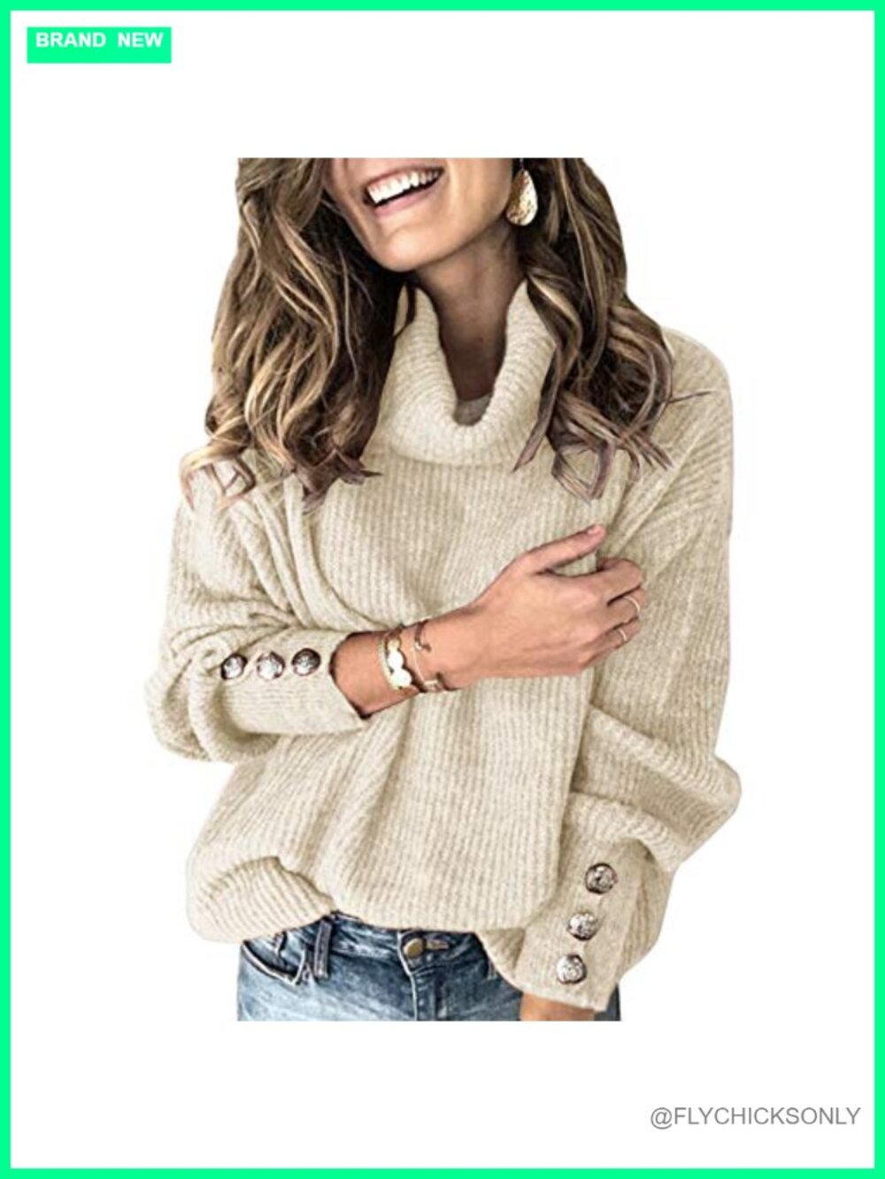 Oversized Slouchy Cowl Neck Knit Sweater Button Cuff Winter Pullover